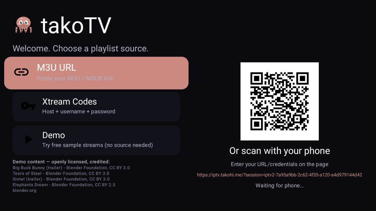 takoTV start screen offering M3U URL, server login, demo content and QR pairing